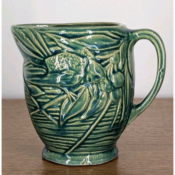 Early McCoy Bird and Cherries Art Pottery Pitcher Green Glaze Made In USA - Picture 3 of 9